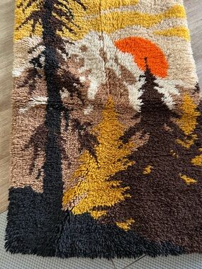 Mid century 70's latch hook shag rug/wall hanging with Sunset Mountain Scene